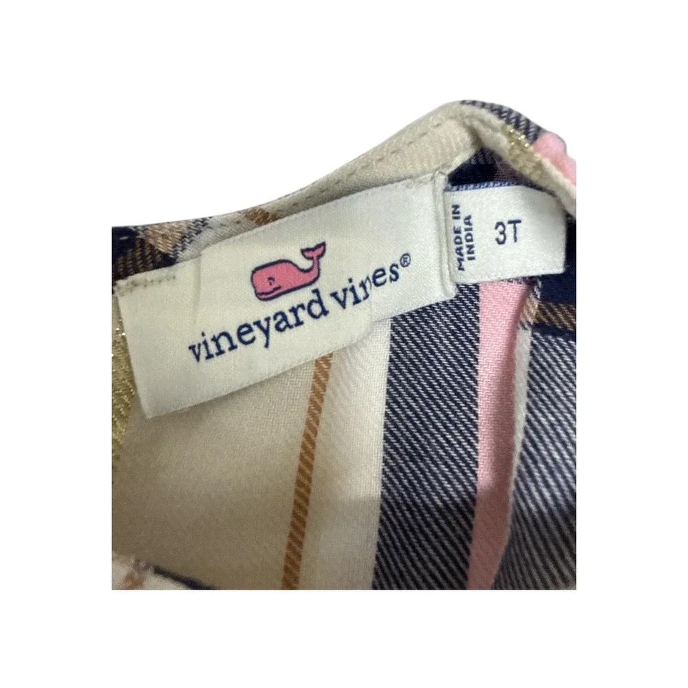 Vineyard Vines Plaid Dress Toddler Girls 3T Pink Navy Gold Excellent Ruffle Bow